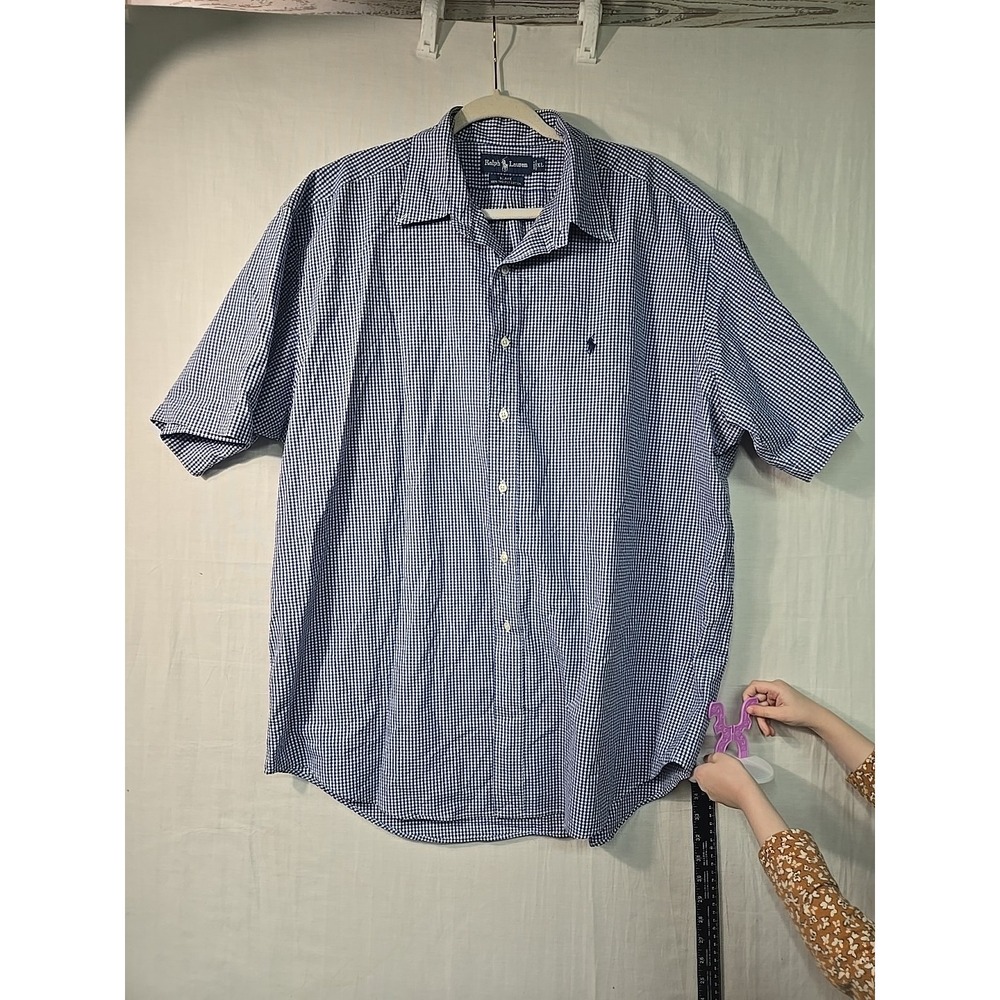 VTG Ralph Lauren Blake Men's Blue White Check Button Down Short Sleeve Shirt XL